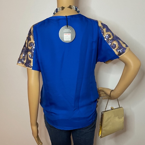 Neiman Marcus Tracy Reese blue silky back w nude front blue sequined front tunic - Picture 11 of 16